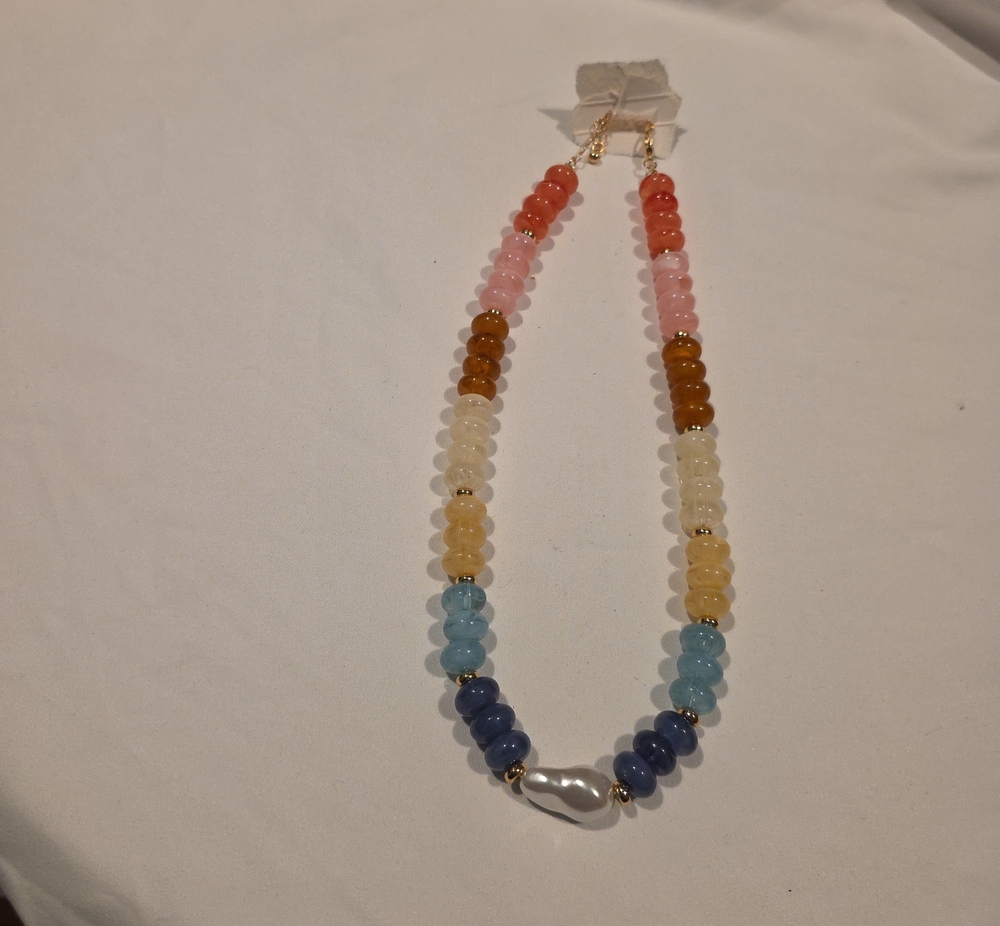 Multicolor Beaded Necklace with Pearl Accent - Women